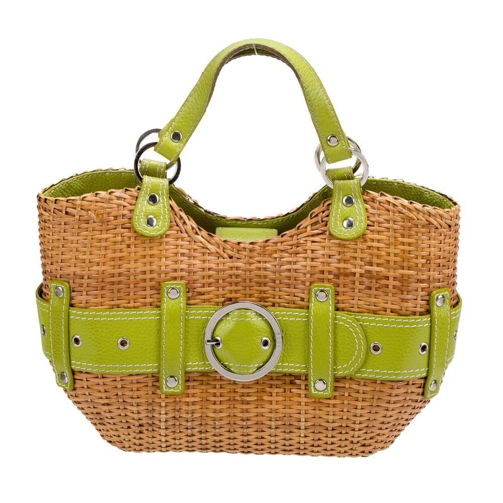 RAFE Leather Trim Bamboo Shoulder Bag Straw Green Brown Bag B000487